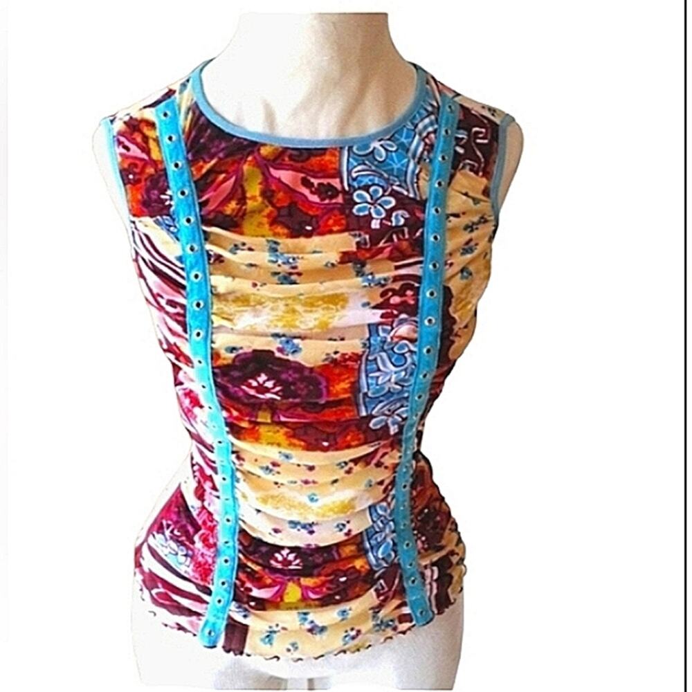 ANAC Turquoise Top Sz S Ribbon Grommets Colorful Tropical Plumeria Sleeveless